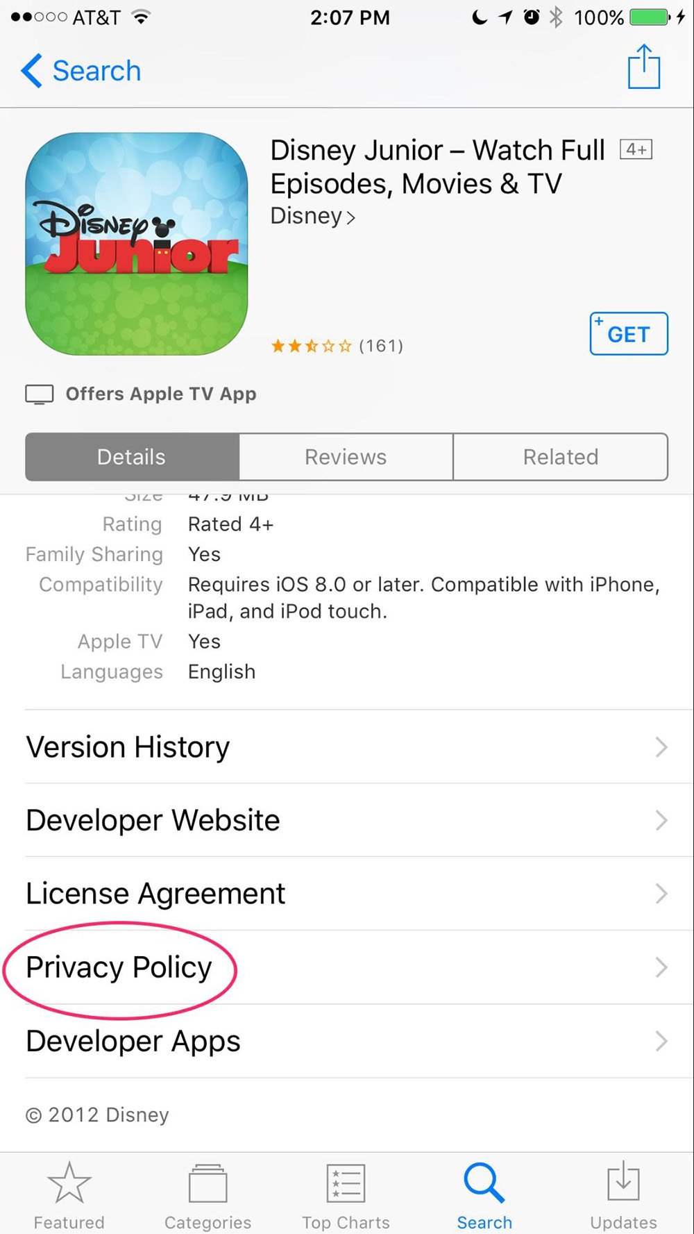 Disney Jr App on App Store profile page: Link to Privacy Policy