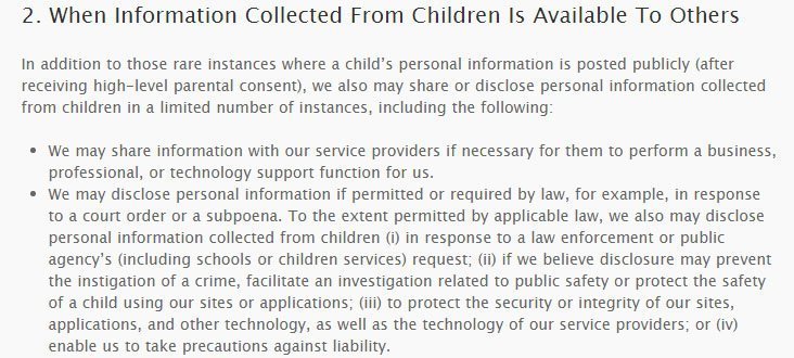 Disney Jr. COPPA Privacy Policy: Information collected from children available to third parties