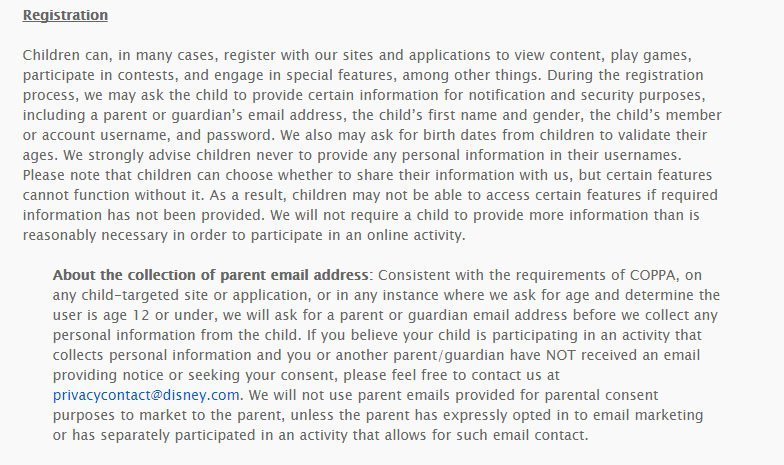 Disney Jr. COPPA Privacy Policy: Registration requires a parent email address