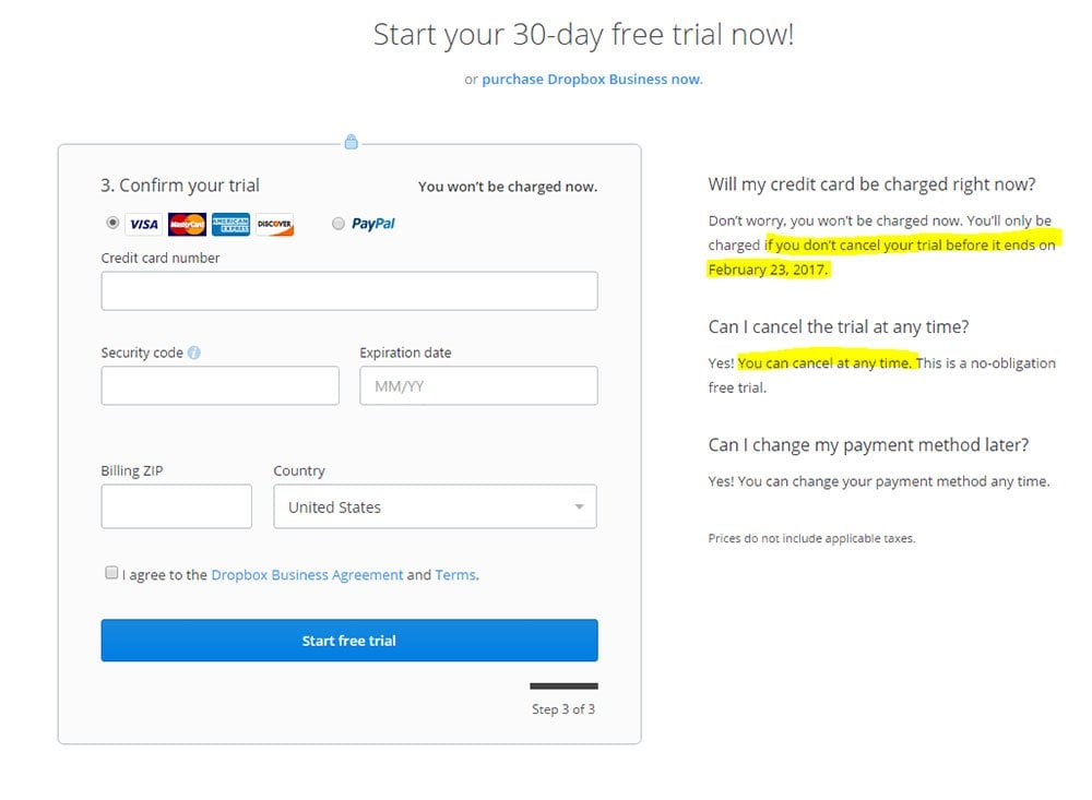 Dropbox Business: Period end on Free Trial