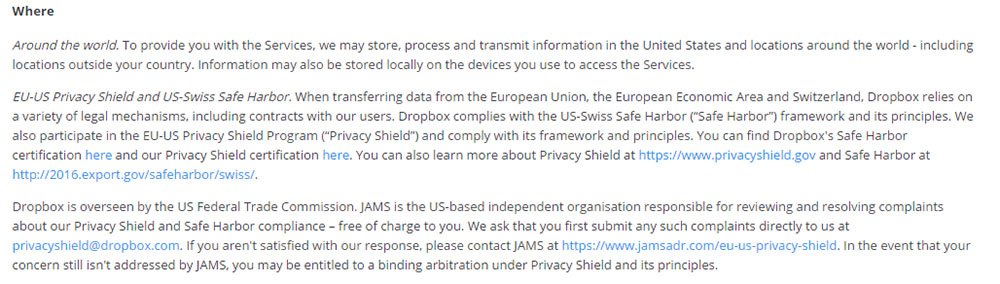 Dropbox Privacy Policy: Dispute resolution section
