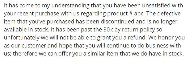 Example of email to decline a refund because it