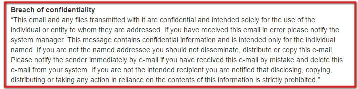 Example of Breach of Confidentiality Email Disclaimer