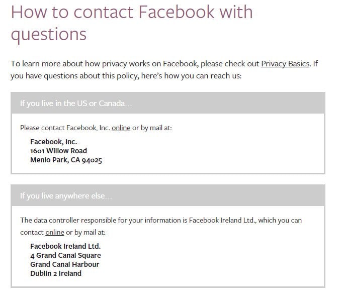 Facebook Privacy Policy: Contact Facebook