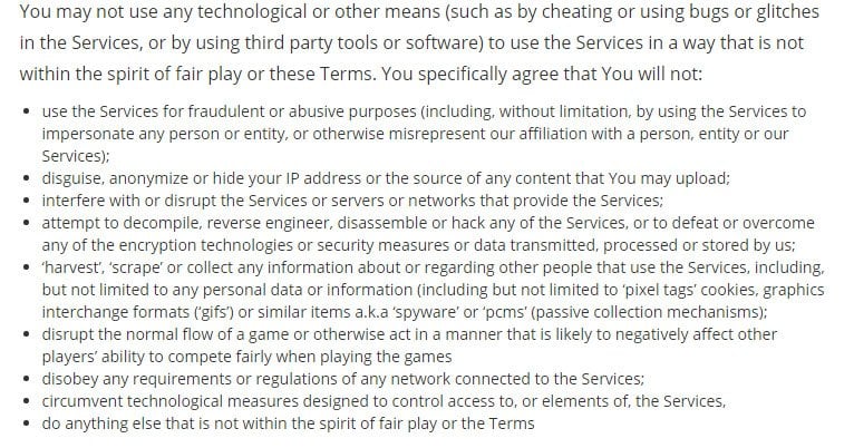 Fingersoft game developer: Restrictions clause in Terms &amp; Conditions