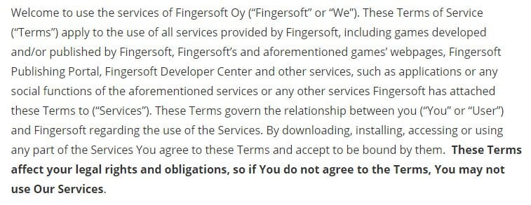 Acceptance of Terms clause in Terms of Service of game developer Fingersoft