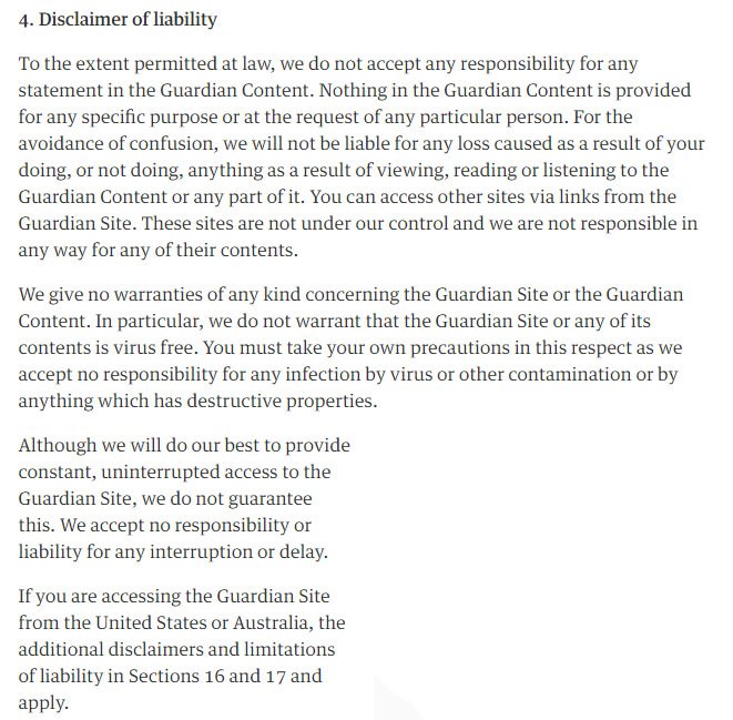Guardian: Disclaimer of Liability in Terms of Service