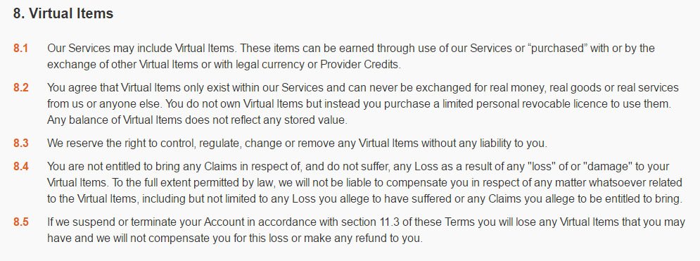 Halfbrick game developer: Virtual Items clause in Terms &amp; Conditions