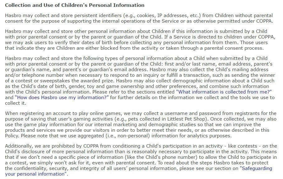 Hasbro COPPA Privacy Policy: Collection and Use of Children Personal Information