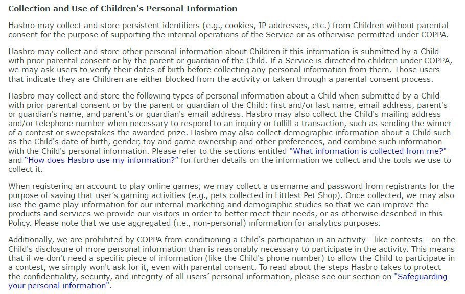 Hasbro COPPA Privacy Policy: Collection and Use of Children Personal Information