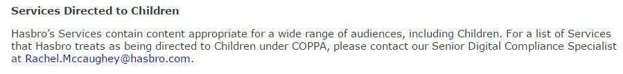 Hasbro COPPA Privacy Policy: Email for Websites under COPPA list