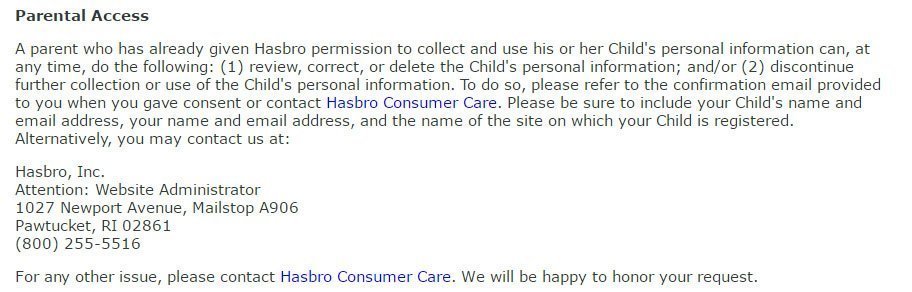 Hasbro COPPA Privacy Policy: Parental Access