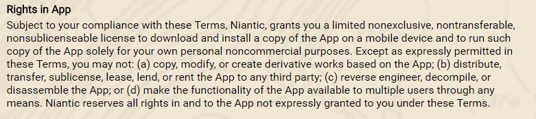 Niantic and Ingress mobile game Terms &amp; Conditions: Rights in App clause