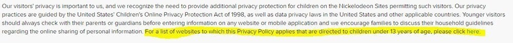 Nick Jr. COPPA Privacy Policy: Websites under COPPA list