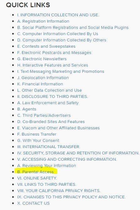 Nick Jr. COPPA Privacy Policy: Parental Access in Table of Contents