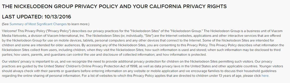 Nick Jr: COPPA Reference in Privacy Policy