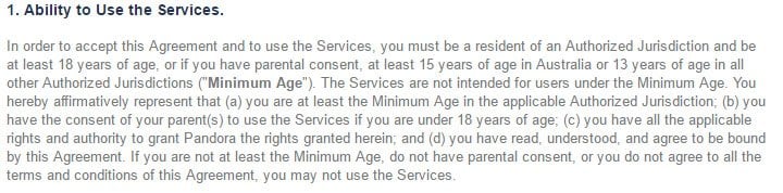 Pandora Terms of Use: Ability to Use Service and Age Limit