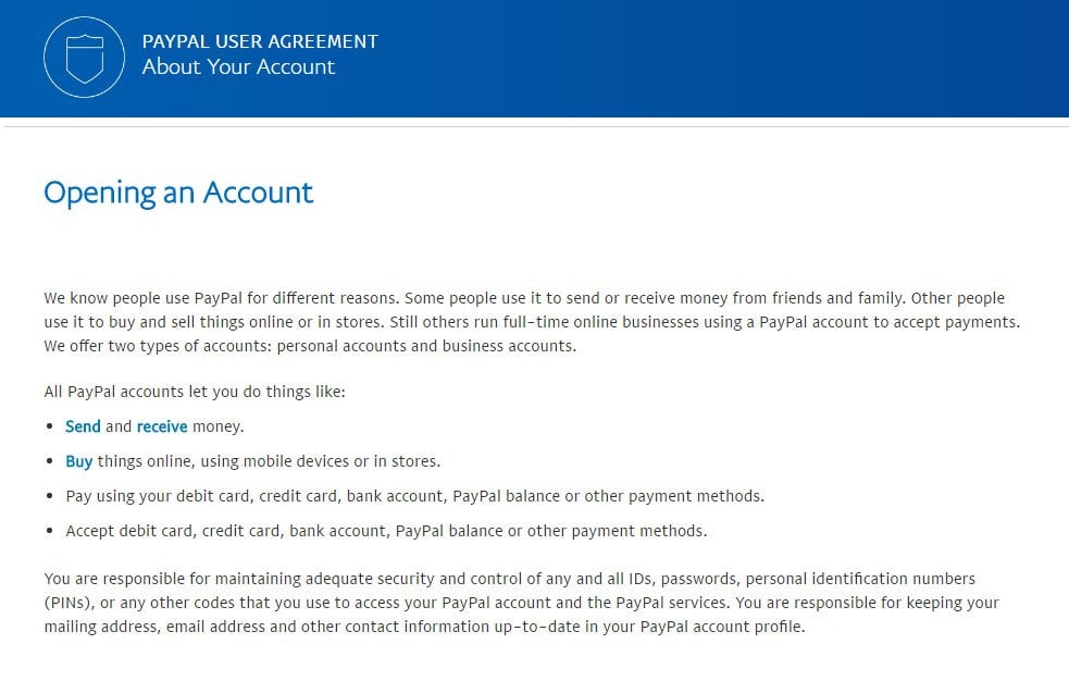 PayPal: Screenshot of User agreement