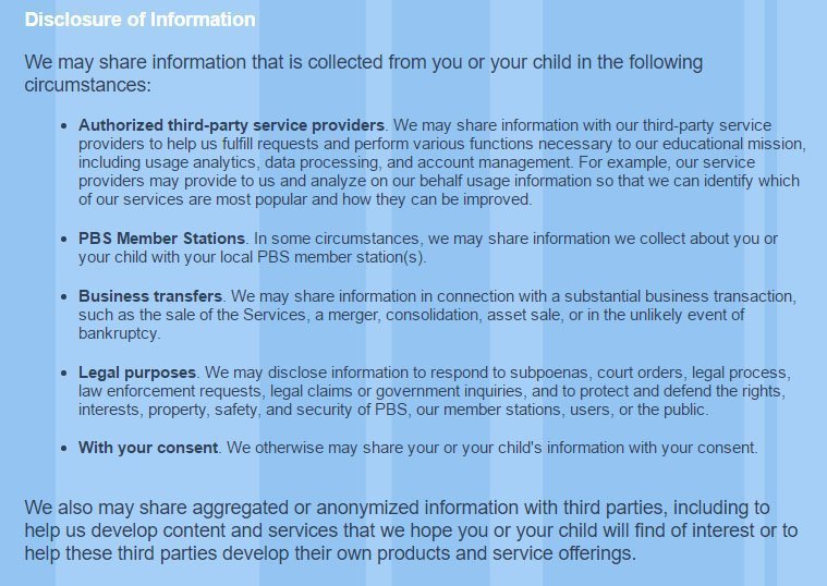 PBS Kids COPPA Privacy Policy: Disclosure of Information clause