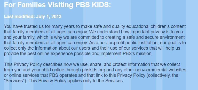 PBS Kids: No COPPA reference in Privacy Policy