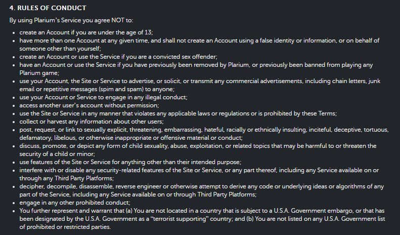 Plarium and Vikings mobile game Terms of Use: Rules of Conduct clause