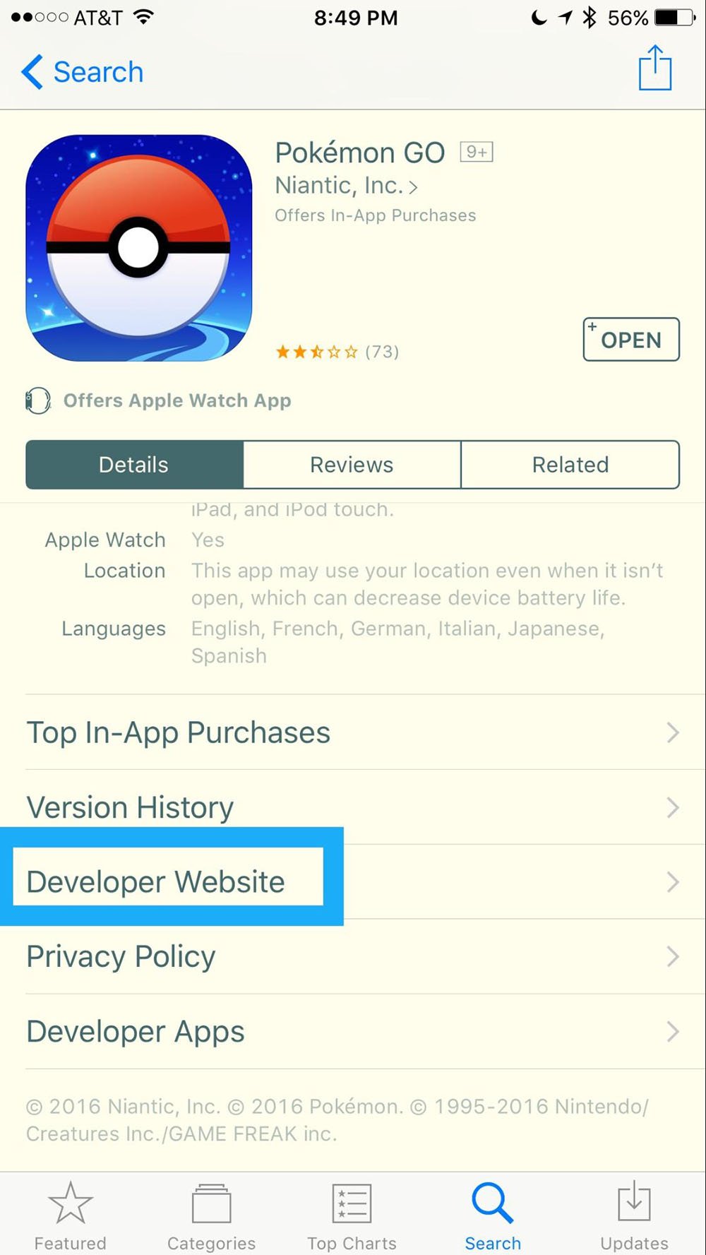 Pokemon GO mobile game in App Store: Highlight Developer Website link