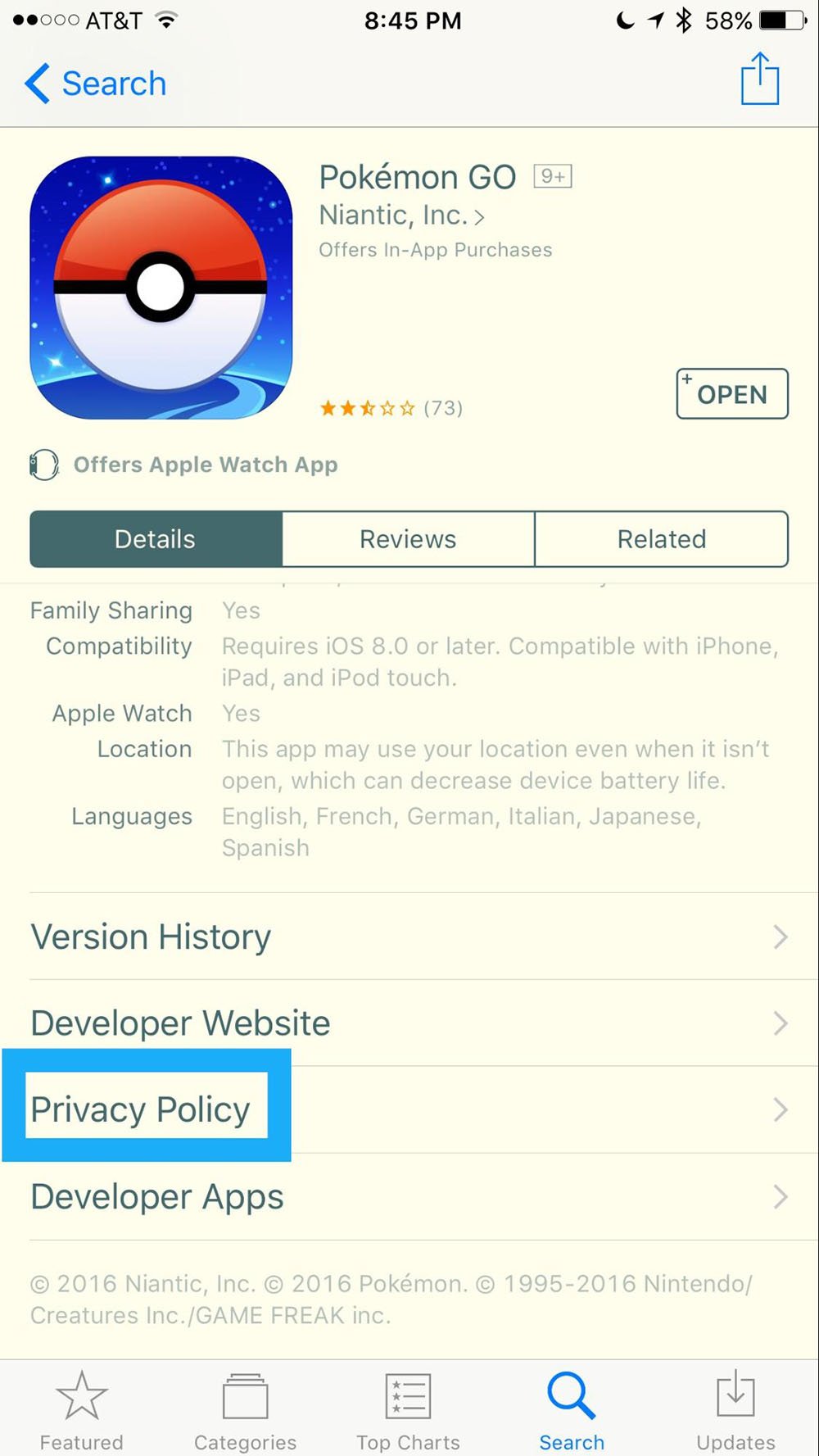 Pokemon GO mobile game in App Store: Highlight Privacy Policy link