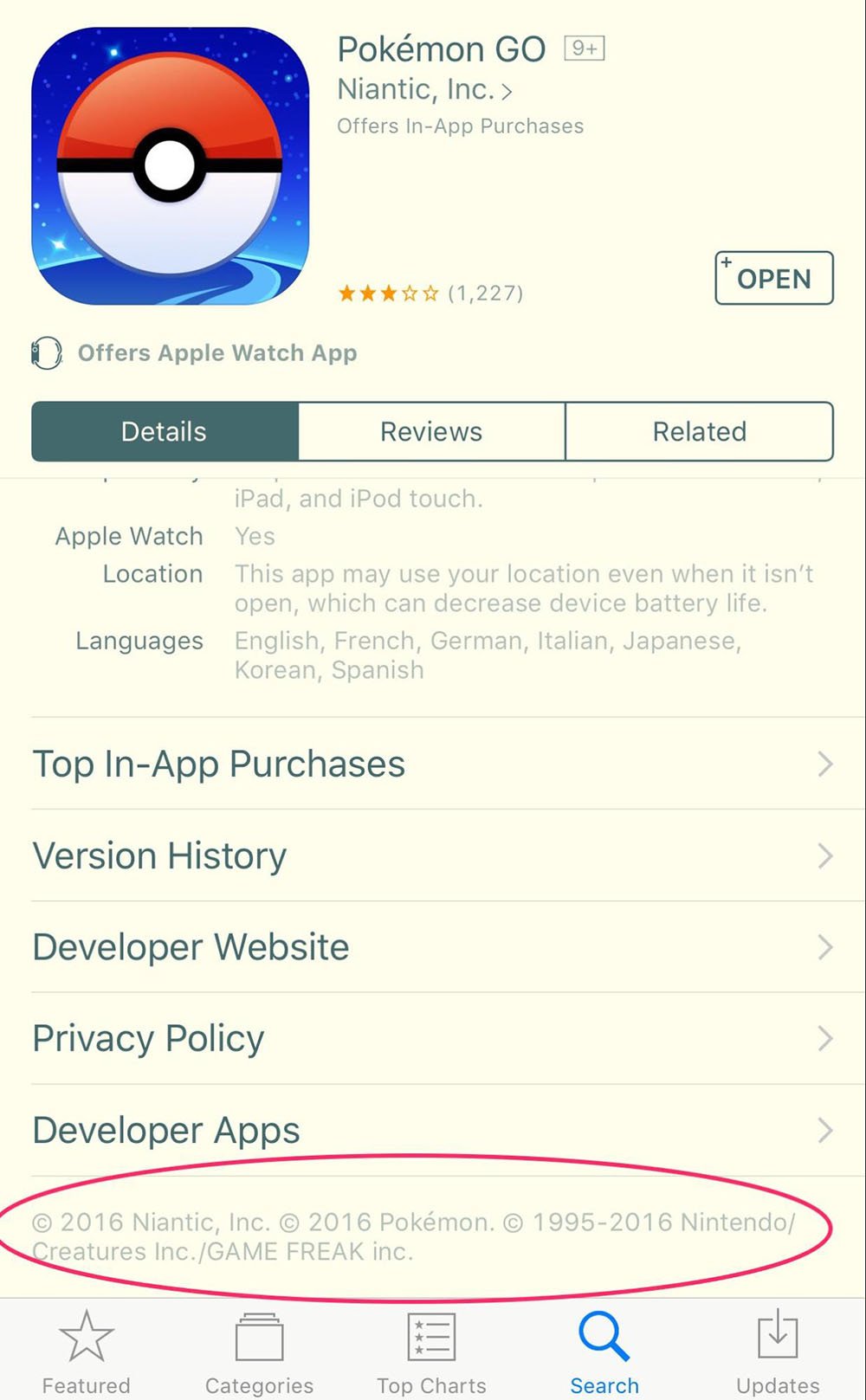 Pokemon GO mobile game on App Store: Copyright notice on profile page