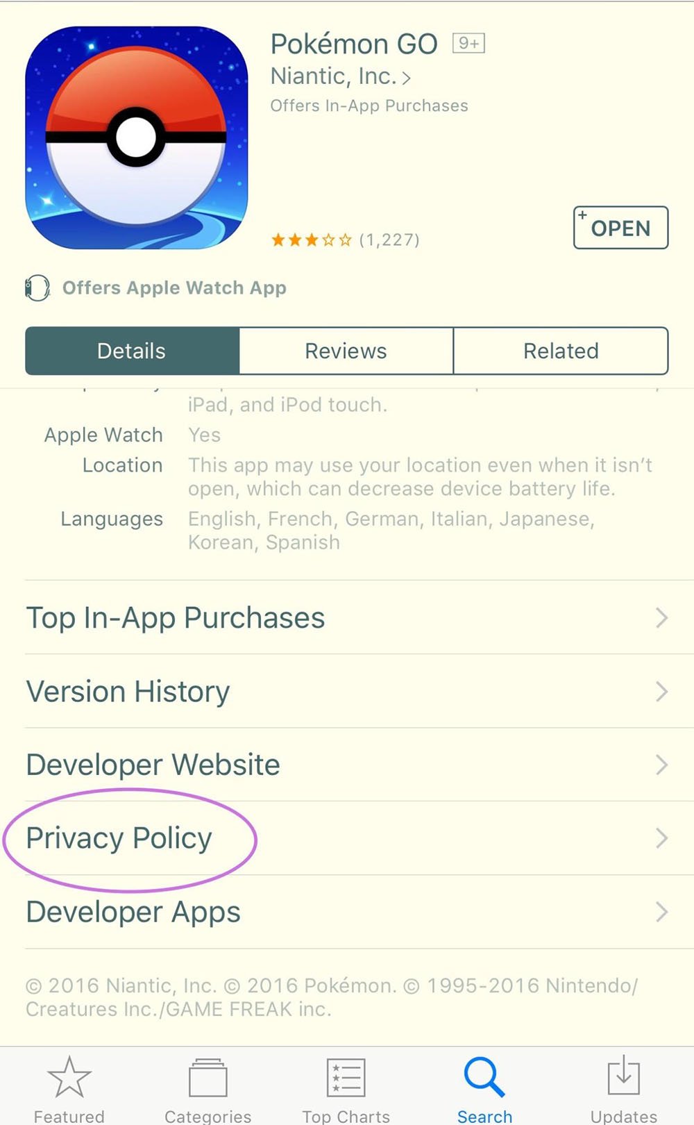 Pokemon GO mobile game App Store profile page: Privacy Policy link