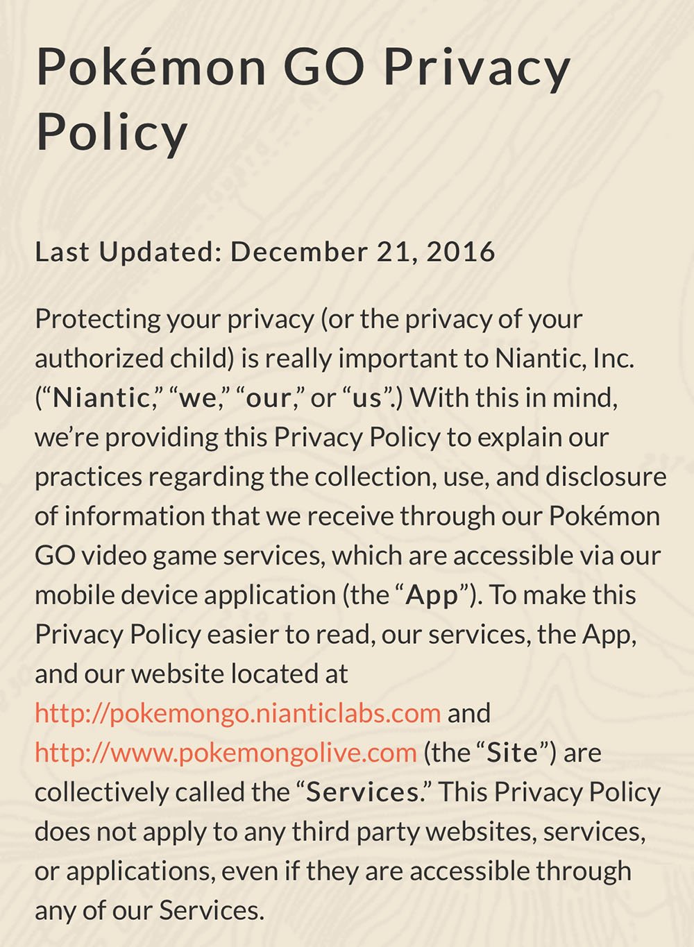 Screenshot from Pokemon GO Privacy Policy