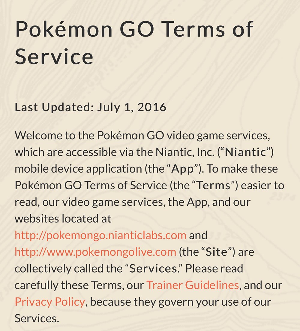 Screenshot from Pokemon GO Terms of Service