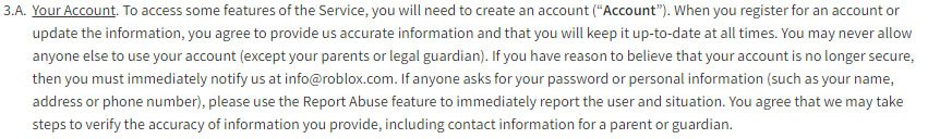 Game Developer Roblox: Account Creation cause in Terms &amp; Conditions