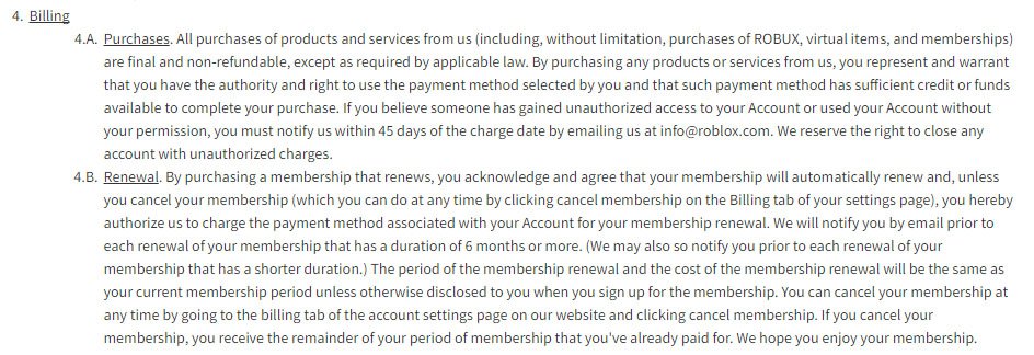 Roblox game platform: Billing section in Terms &amp; Conditions