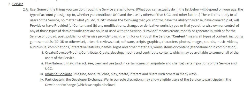 Roblox game platform: Service clause in Terms &amp; Conditions