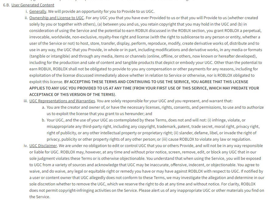 Roblox game platform: User-generated content clause in Terms &amp; Conditions