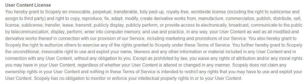 Scopely game developer: User-generated content license in Terms &amp; Conditions