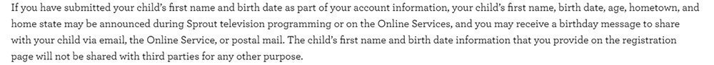 Sprout COPPA Privacy Policy: Children Personal Information is provided to parents