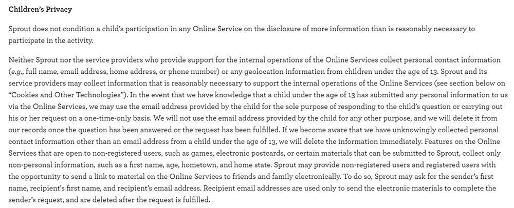 Sprout COPPA Privacy Policy: Children Privacy clause