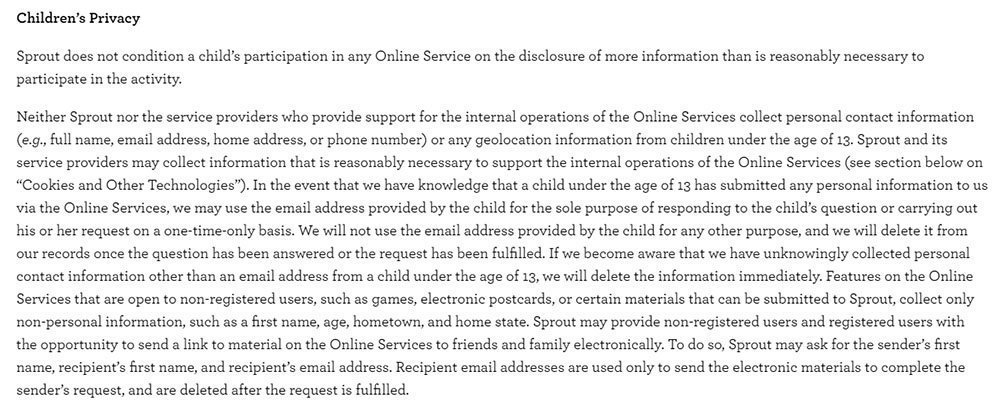 Sprout COPPA Privacy Policy: Children Privacy clause