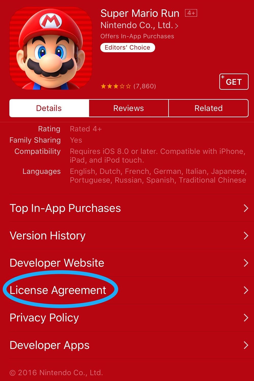Super Mario Run: Mobile app in App Store: License Agreement Link