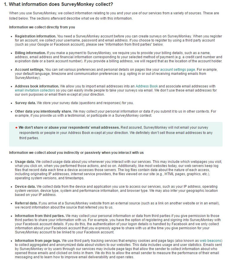 SurveyMonkey Privacy Policy: Types of information collected definitions