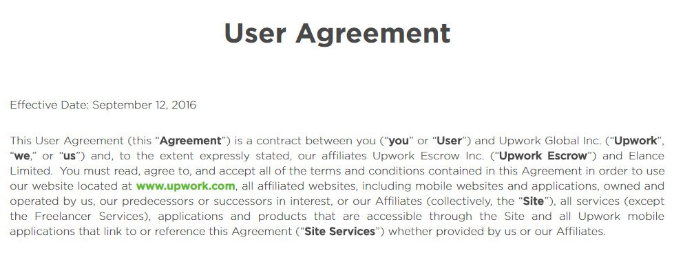 Upwork: Screenshot of User Agreement