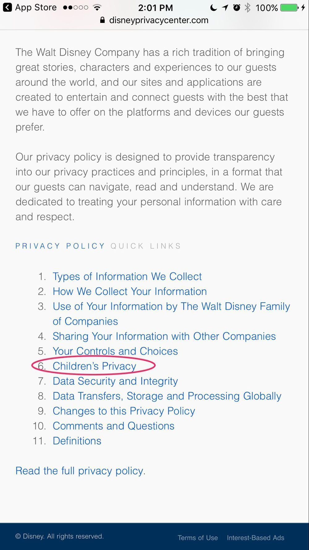 Walt Disney Privacy Center Mobile Website: Children Privacy item