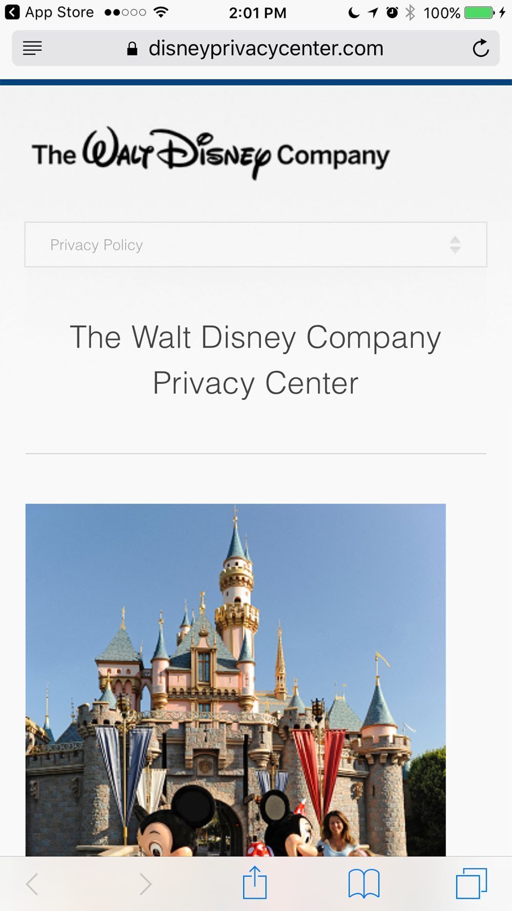 Screenshot of Walt Disney Privacy Center Mobile Website