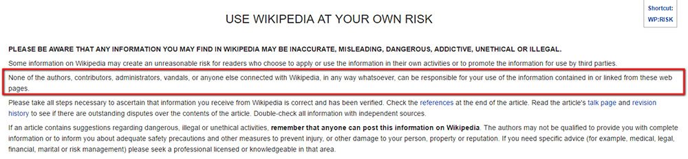 Wikipedia: Use at your own risk disclaimer highlight