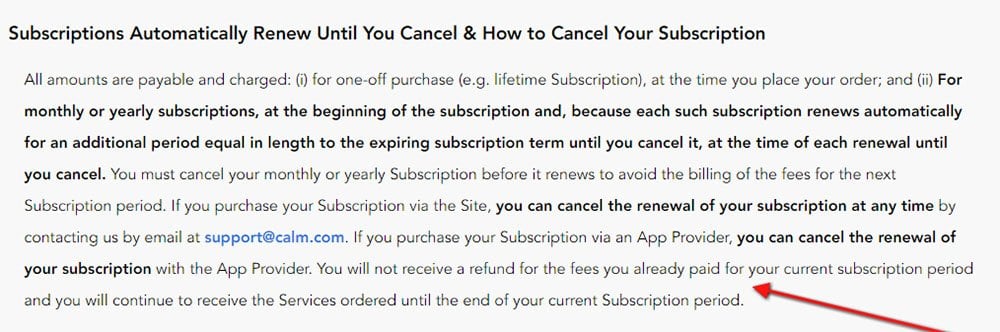 Calm Terms of Service: In-app purchases and subscriptions
