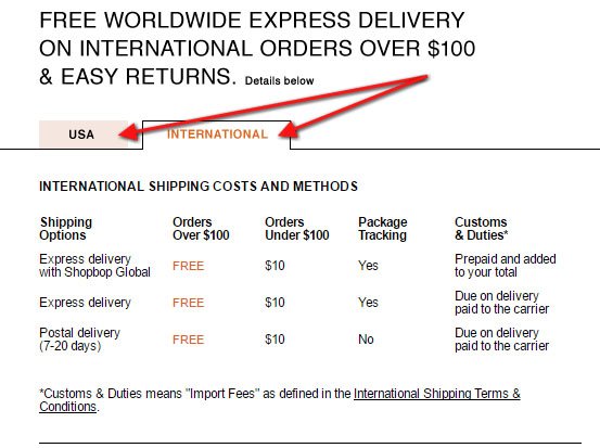 East Dane Shipping Policy: International Tab