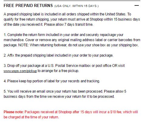 The expanded Returns section from East Dane Shipping Policy