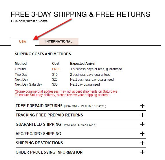 East Dane Shipping Policy: USA Tab