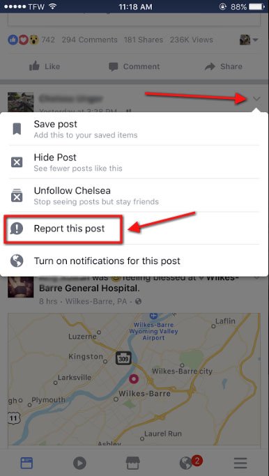 Facebook iOS Report button for Objectionable content